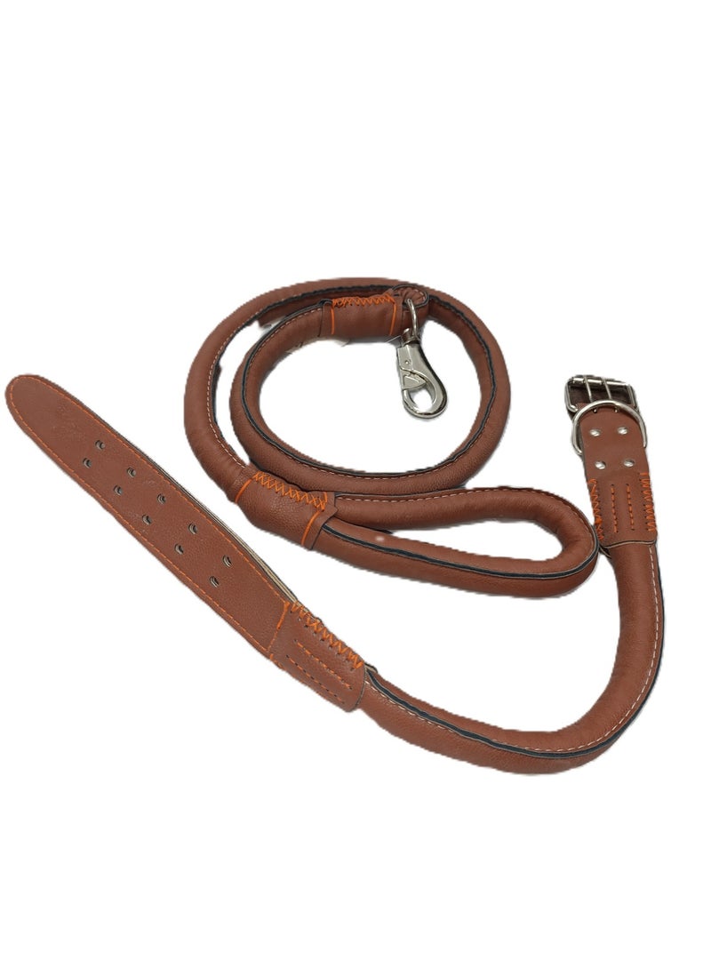 1 طوق وسلسلة للكلاب مصنوعين من جلد عالي الجودة بتصميم أنيق وقوي بلون البني والاسود - Image 4